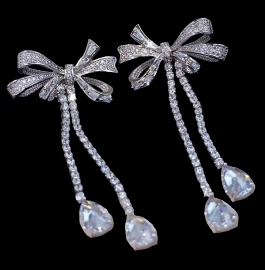 Bowknot Drop Earrings - White Gold