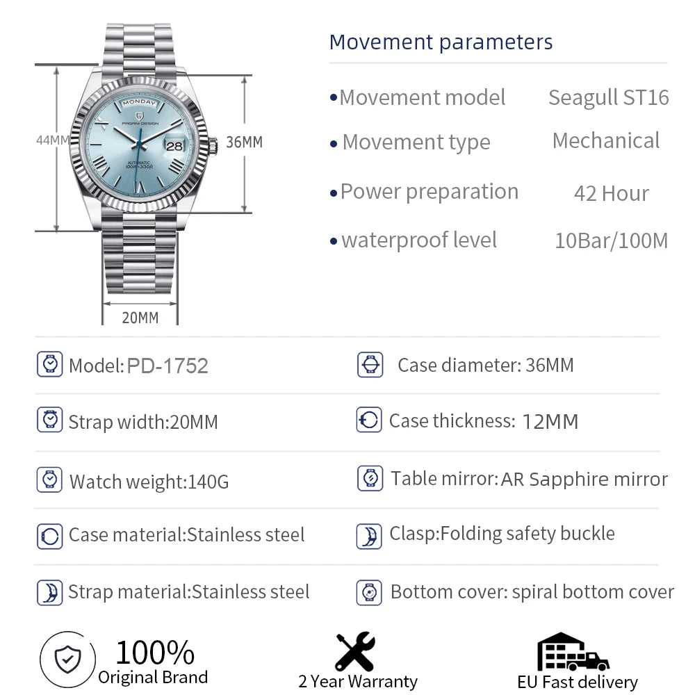 Pagani Design Date-Day 36mm Watch - 316L Stainless Steel